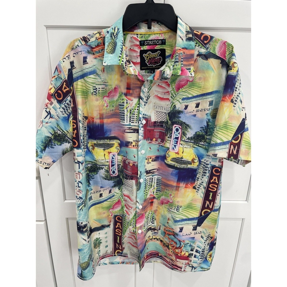 Good‎ Vibes Shirt Mens Sz L Casino Floral Stretch Hawaiian Resort Button Up SI48